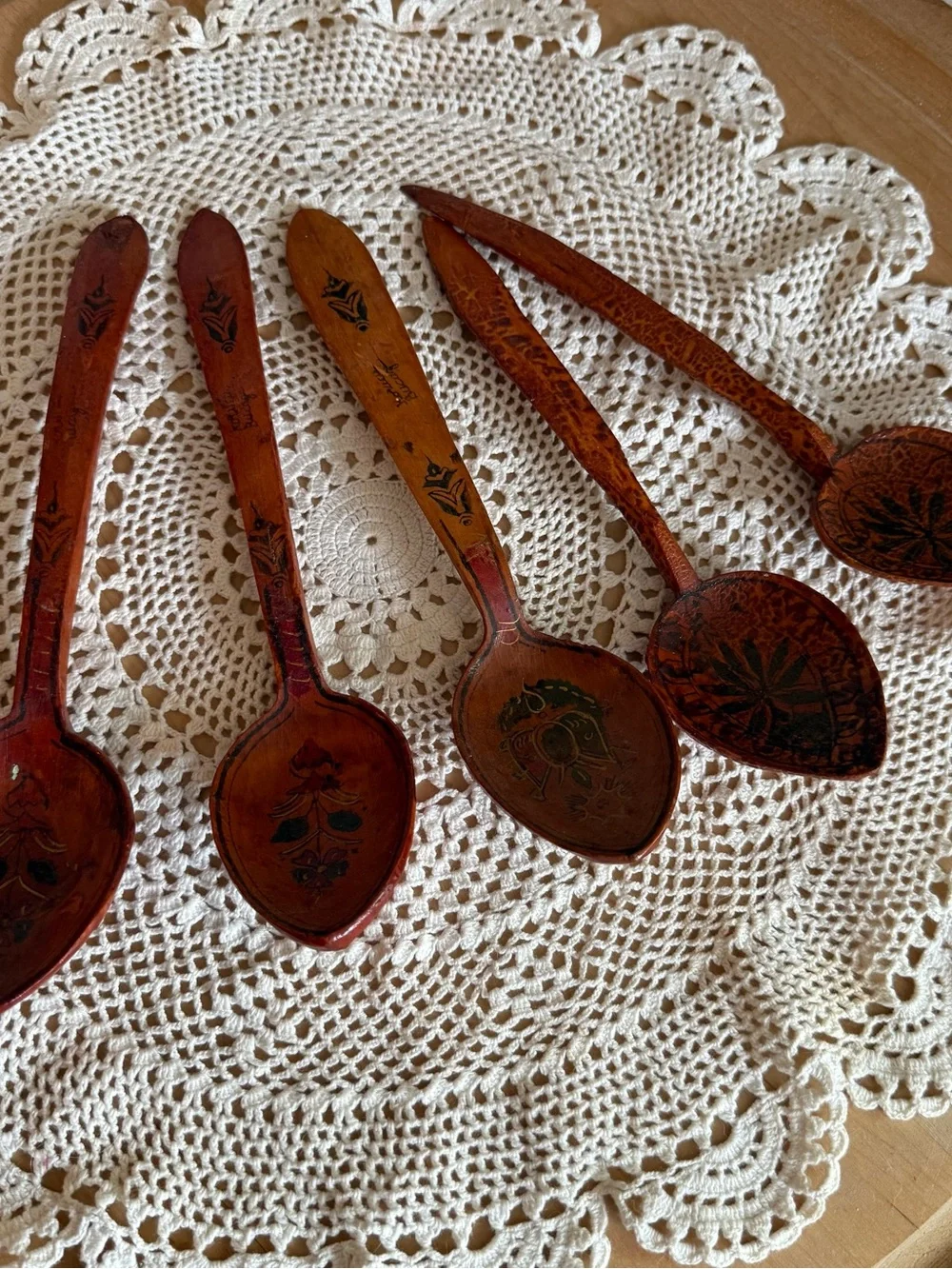 Vintage Scandanavian Folk Hand Painted and Carved Wooden Primitive Spoons
